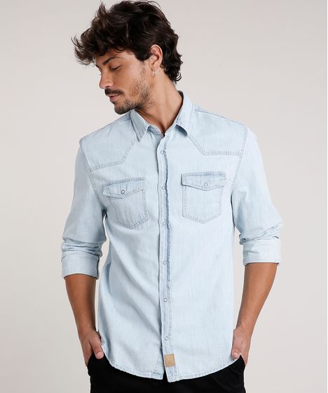 Camisa Jeans Masculina Slim Com Bolsos Manga Longa Azul Claro Cea