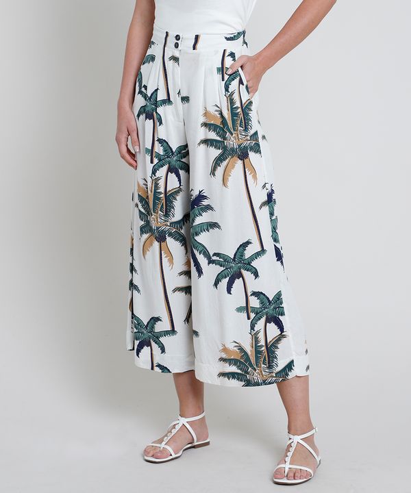 Calça Feminina Pantacourt Estampada de Coqueiros com Linho Off White GG