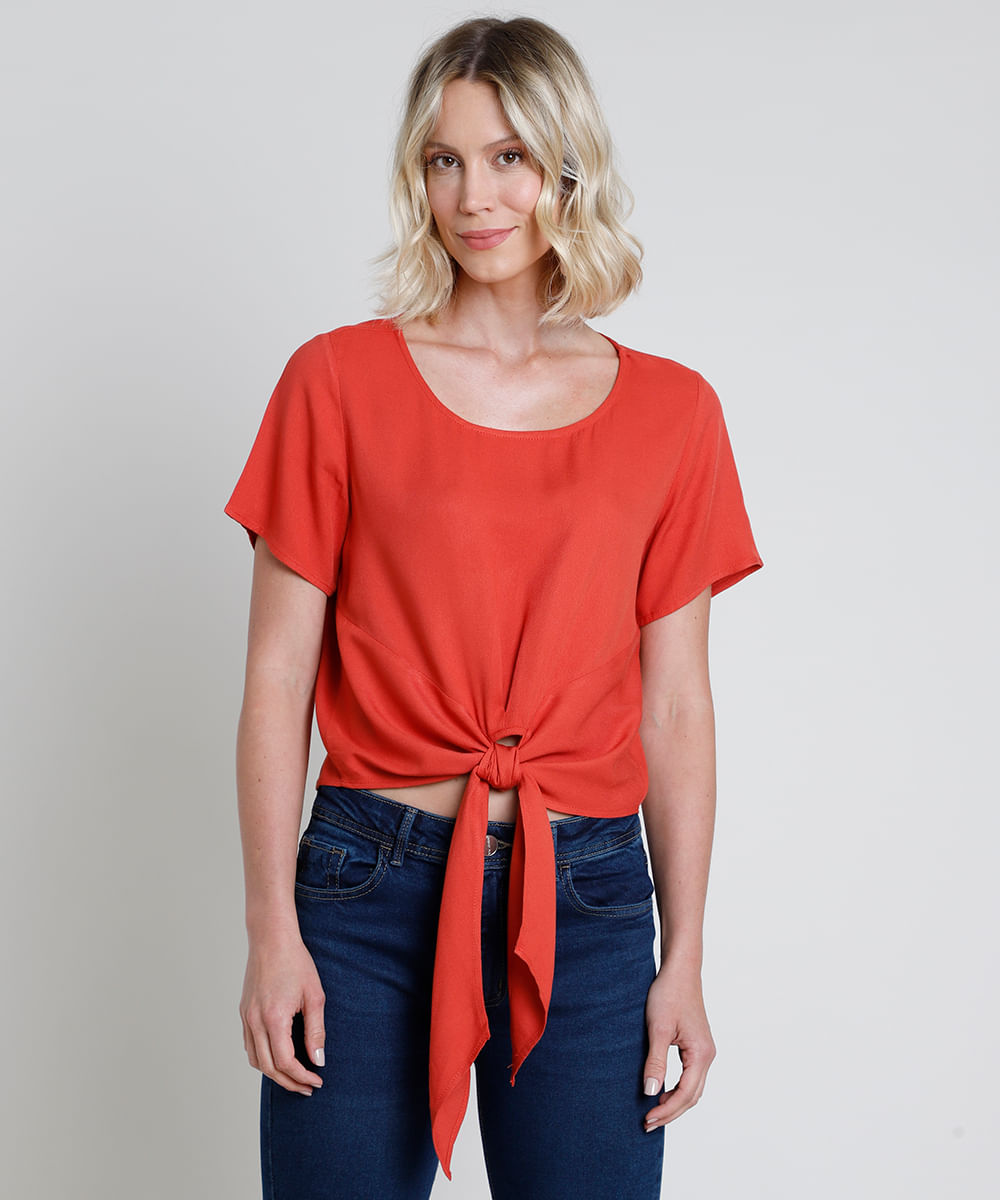 Blusa Feminina Cropped com Nó Manga Curta Decote Redondo Cobre