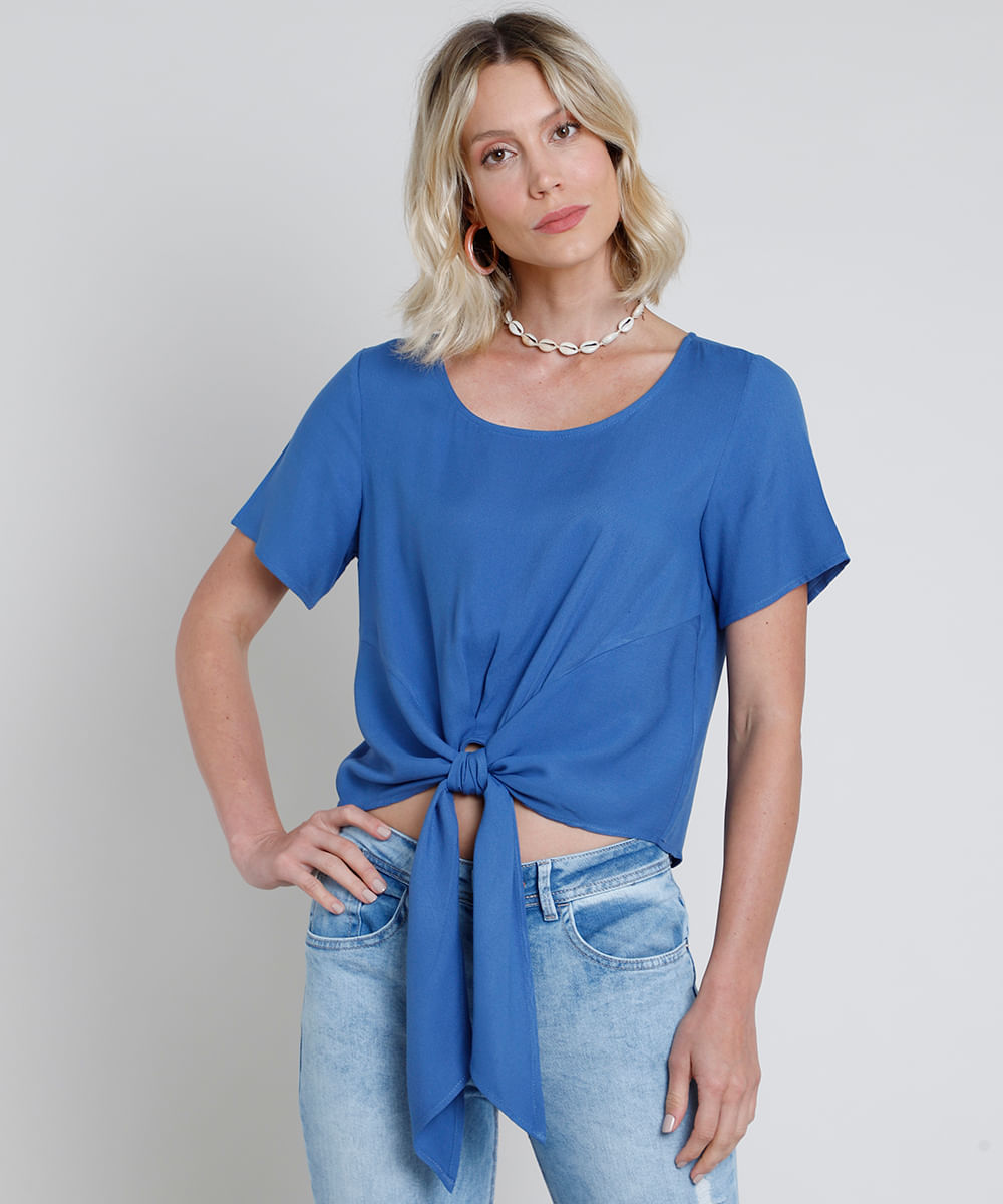 Blusa Feminina Cropped com Nó Manga Curta Decote Redondo Azul