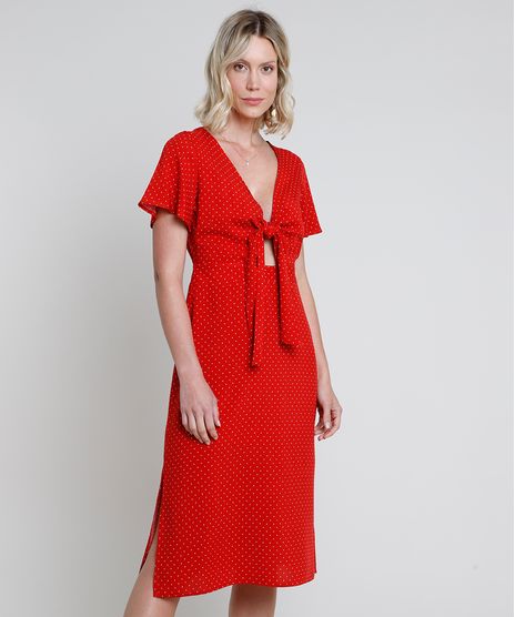 Vestido-Feminino-Midi-Estampado-de-Poa-com-No-e-Fenda-Manga-Curta-Vermelho-9900105-Vermelho_1