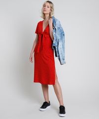 Vestido-Feminino-Midi-Estampado-de-Poa-com-No-e-Fenda-Manga-Curta-Vermelho-9900105-Vermelho_3