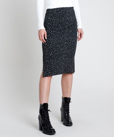 Saia-Feminina-Midi-Estampada-de-Poa-com-Fendas-Preta-9880387-Preto_1