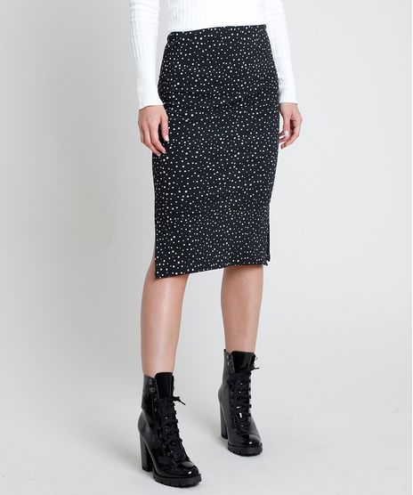 Saia-Feminina-Midi-Estampada-de-Poa-com-Fendas-Preta-9880387-Preto_1