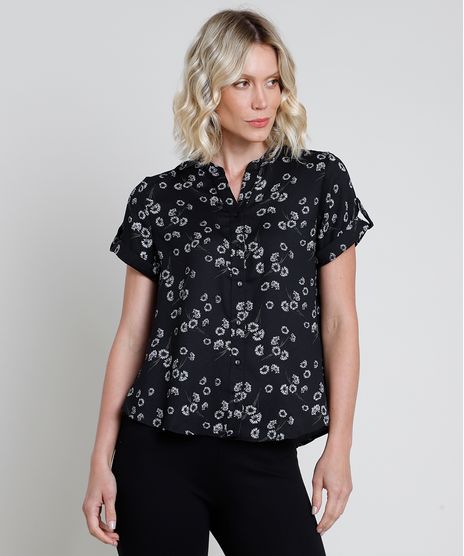 Camisa-Feminina-Estampada-Floral-com-Martingale-Manga-Curta-Preta-9822195-Preto_1
