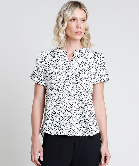 Camisa-Feminina-Estampada-de-Poa-com-Martingale-Manga-Curta-Off-White-9822189-Off_White_1