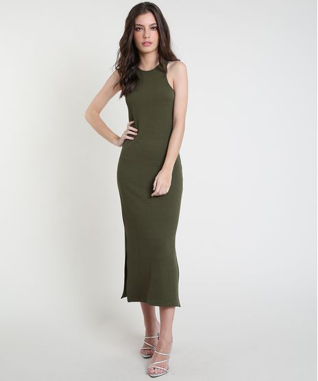 Vestido-Feminino-Mindset-Midi-Canelado-com-Fendas-Sem-Manga-Verde-Militar-9944684-Verde_Militar_1