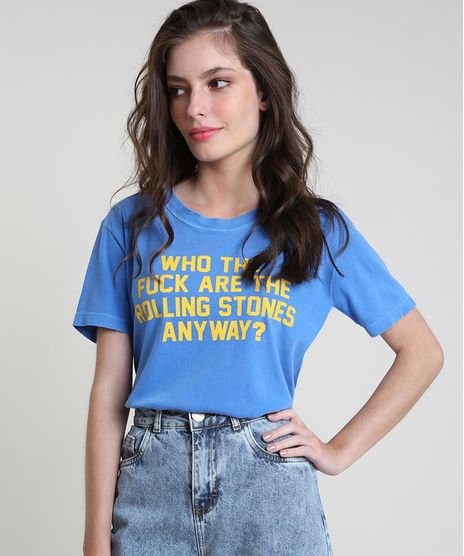 T-Shirt-Feminina-Mindset--Who-Are-the-Rolling-Stones-Anyway---Manga-Curta-Decote-Redondo-Azul-9937830-Azul_1