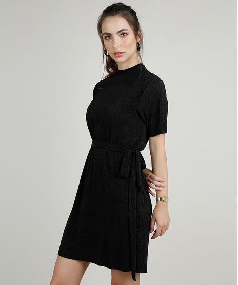 Vestido-Feminino-Curto-Plissado-Manga-Curta-com-Faixa-para-Amarrar-Preto-9904033-Preto_1