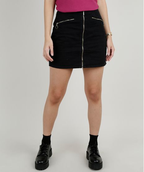 Saia-de-Sarja-Feminina-Curta-com-Ziper-de-Argola-Preta-9887162-Preto_1