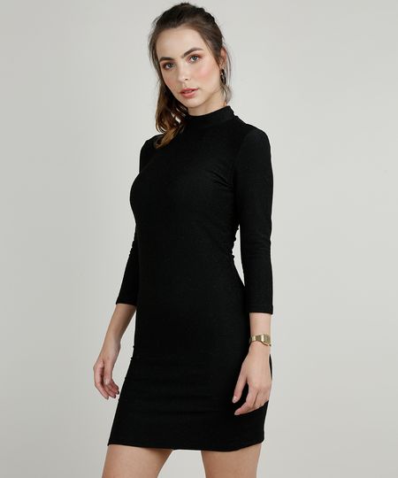 Vestido-Feminino-com-Lurex-Manga-3-4-Gola-Alta-Preto-9902051-Preto_1