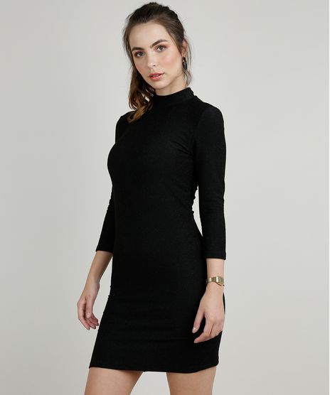 Vestido-Feminino-com-Lurex-Manga-3-4-Gola-Alta-Preto-9902051-Preto_1
