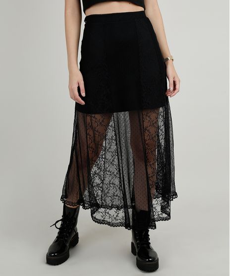Saia-Feminina-Midi-em-Tule-Estampada-Floral-e-Poa-Preta-9892606-Preto_1