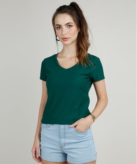 Blusa-Feminina-Basica-Flame-Manga-Curta-Decote-V-Verde-Escuro-8525926-Verde_Escuro_1