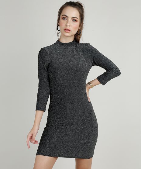Vestido-Feminino-com-Lurex-Manga-3-4-Gola-Alta-Prateado-9902051-Prateado_1