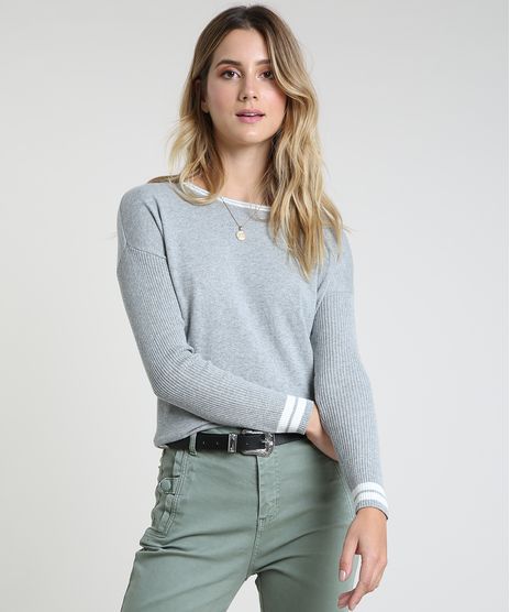 Sueter-Feminino-em-Trico-com-Listras-Decote-Redondo-Cinza-Mescla-9793676-Cinza_Mescla_1