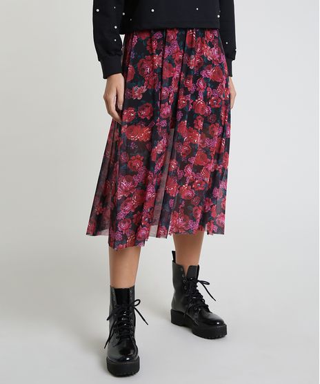 Saia-Feminina-Midi-em-Tule-Estampada-Floral-Preta-9892605-Preto_1