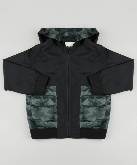 Jaqueta-Corta-Vento-Infantil-em-Nylon-Recorte-Camuflado-com-Capuz-e-Bolsos-Preta-9846532-Preto_1