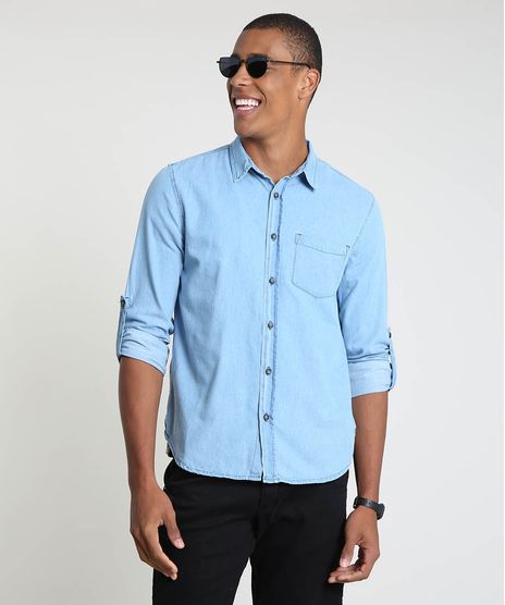 Camisa-Jeans-Masculina-Tradicional-com-Bolsos-e-Martingale-Manga-Longa-Azul-Claro-9898263-Azul_Claro_1