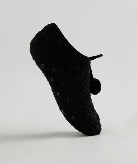 Meia-de-Inverno-Feminina-Sapatilha-Felpada-com-Pompom-Preta-9837818-Preto_1