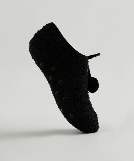 Meia-de-Inverno-Feminina-Sapatilha-Felpada-com-Pompom-Preta-9837818-Preto_1