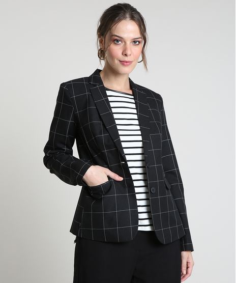 Blazer-Feminino-Estampado-Quadriculado-com-Bolsos-Preto-9820516-Preto_1