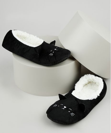 Meia-de-Inverno-Feminina-Sapatilha-Gatinho-Felpada-Preta-9837824-Preto_1