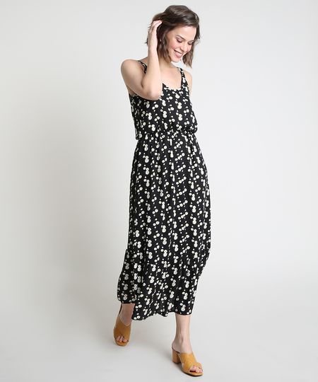 Vestido-Feminino-Midi-Estampado-de-Margaridas-com-Botoes-Alca-Fina-Preto-9912184-Preto_1