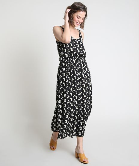 Vestido-Feminino-Midi-Estampado-de-Margaridas-com-Botoes-Alca-Fina-Preto-9912184-Preto_1