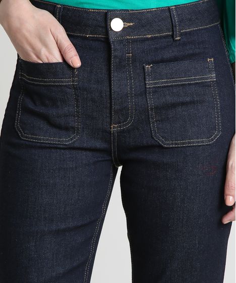 calça jeans flare cintura alta azul escuro