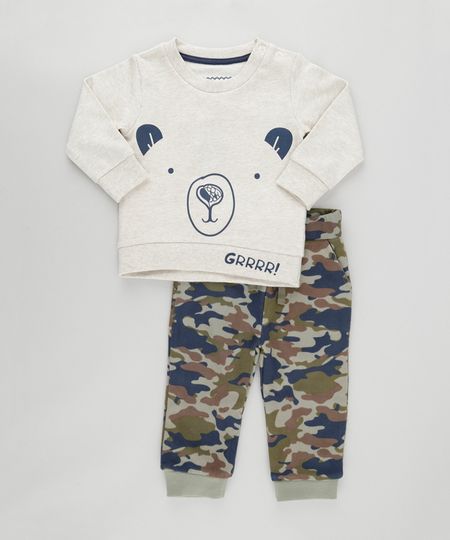 Conjunto-de-Blusao--Urso--Bege---Calca-Estampada-Camuflada-em-Moletom-Verde-Militar-8495981-Verde_Militar_1