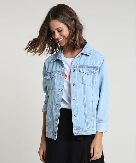 Jaqueta Jeans Feminina Azul Claro com Bolsos
