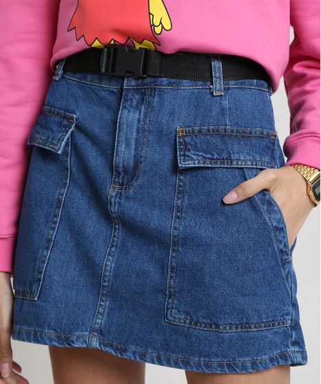 saia jeans curta com cinto