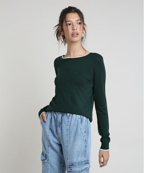 Sueter-Feminino-Basico-em-Trico-Decote-Redondo-Verde-Escuro-9325451-Verde_Escuro_1