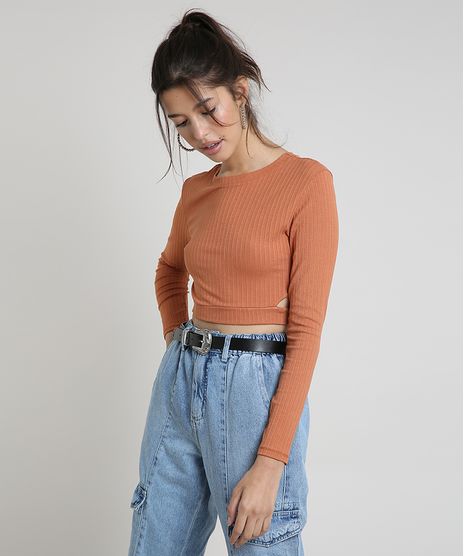 Blusa-Feminina-Cropped-Canelada-com-Vazados-Manga-Longa-Decote-Redondo-Marrom-Claro-9894518-Marrom_Claro_1