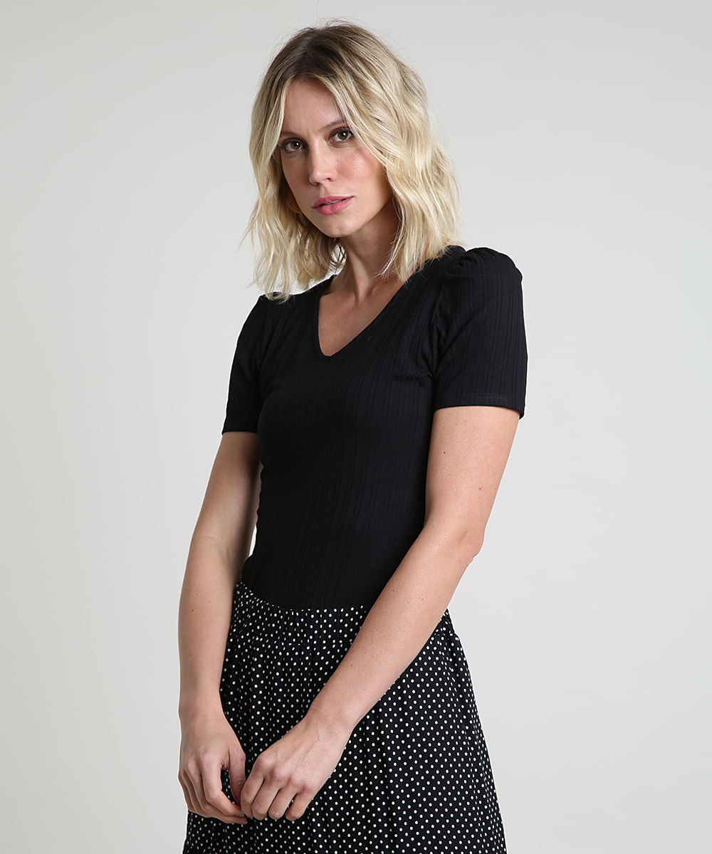 Blusa Feminina Manga Bufante Canelada Decote V Preta