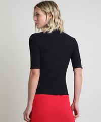 Blusa Canelada Gola Alta Manga Curta Preta Costas