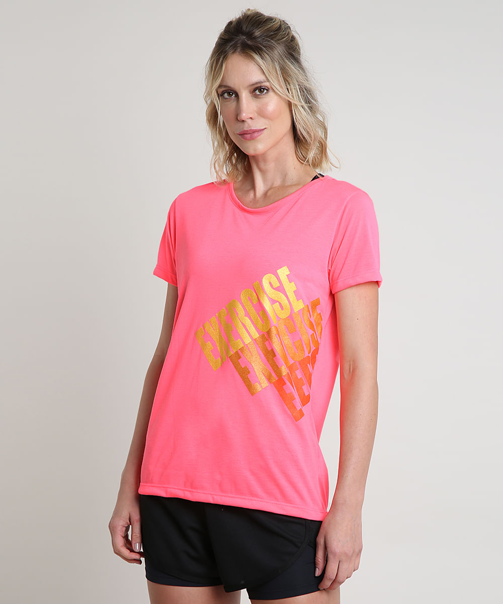 Blusa Feminina Esportiva Ace "Exercise" Manga Curta Decote Redondo Rosa Neon