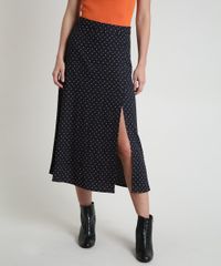 Saia-Feminina-Midi-Estampada-de-Poa-com-Fenda-Preta-9802334-Preto_1