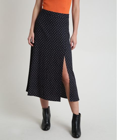 Saia-Feminina-Midi-Estampada-de-Poa-com-Fenda-Preta-9802334-Preto_1