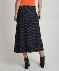 Saia-Feminina-Midi-Estampada-de-Poa-com-Fenda-Preta-9802334-Preto_2