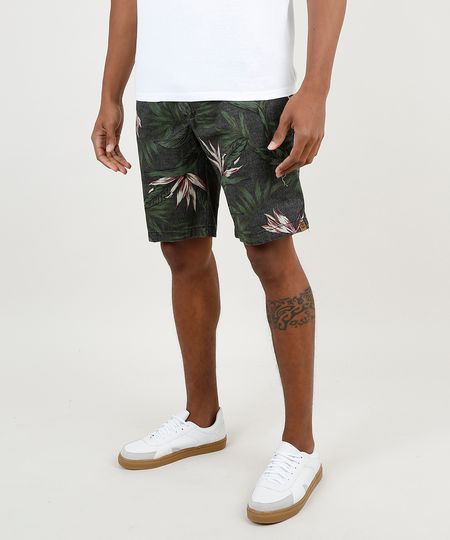 Bermuda-de-Sarja-Masculina-Slim-Estampada-Floral-com-Bolsos-Cinza-Mescla-Escuro-9863640-Cinza_Mescla_Escuro_1