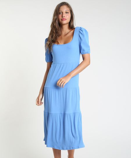 vestido canelado azul claro