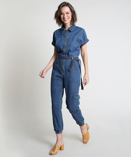 Macacao-Jeans-Feminino-Jogger-Cargo-com-Ziper-e-Faixa-para-Amarrar-Manga-Curta-Azul-Medio-9885741-Azul_Medio_1
