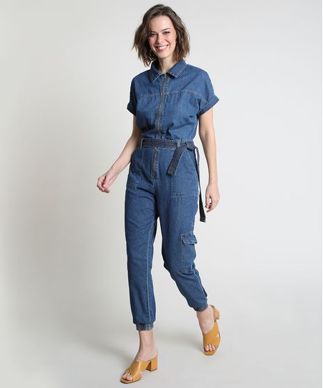 Macacao-Jeans-Feminino-Jogger-Cargo-com-Ziper-e-Faixa-para-Amarrar-Manga-Curta-Azul-Medio-9885741-Azul_Medio_1