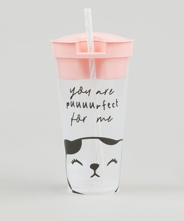 Copo Estampado de Gatinho com Canudo e Pote Rosa Único