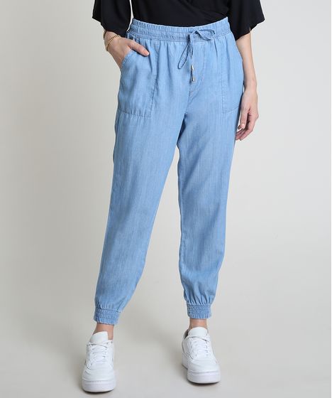 calça jeans feminina com elastico na barra