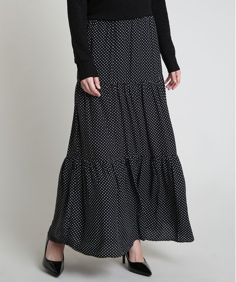 Saia-Feminina-Longa-Estampada-de-Poa-com-Recortes-Preta-9938609-Preto_1