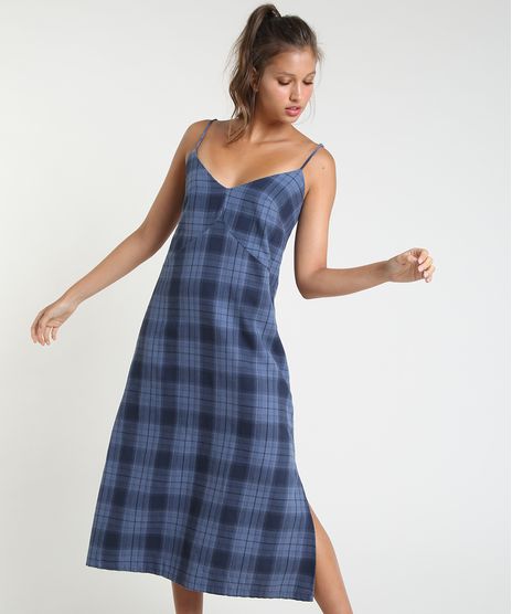 Vestido-Feminino-Mindset-Midi-Estampado-Xadrez-com-Fendas-Alca-Fina-Azul-Marinho-9946144-Azul_Marinho_1