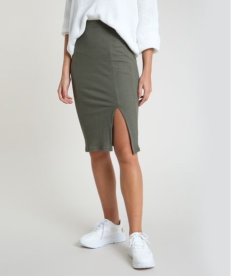 Saia-Feminina-Midi-Canelada-com-Fenda-Verde-Militar-9847144-Verde_Militar_1